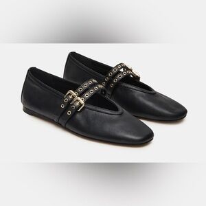 Steve Madden Black Lydia Flat with Gold Buckle Straps